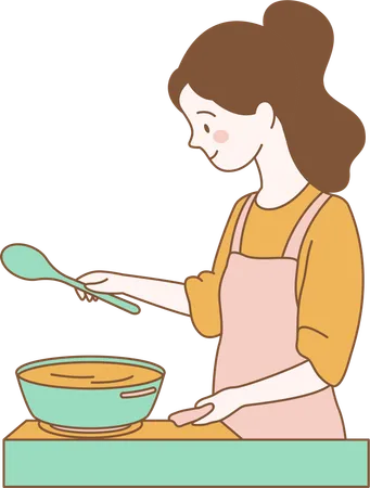 Una linda mujer está cocinando con una sartén en la cocina  Ilustración