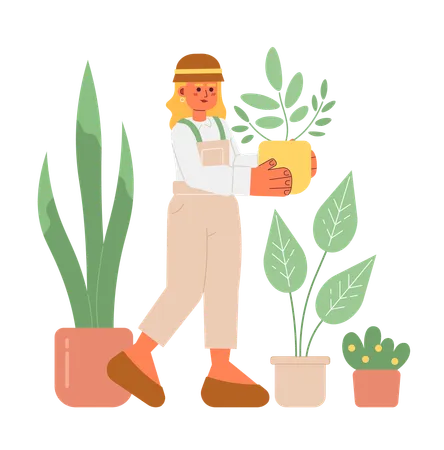 Linda mujer sosteniendo planta de interior  Ilustración