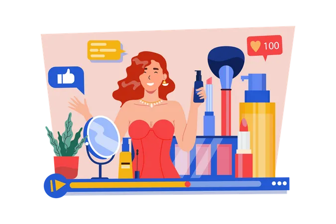 Linda mujer vlogger haciendo video de revisión de cosméticos  Ilustración