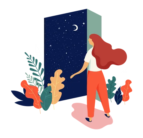 Mulher bonita abre a porta com vista para o céu noturno  Ilustração