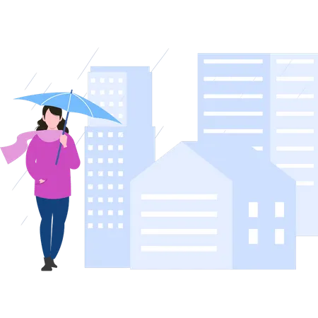 Mulher bonita andando com guarda-chuva na estação das chuvas  Ilustração