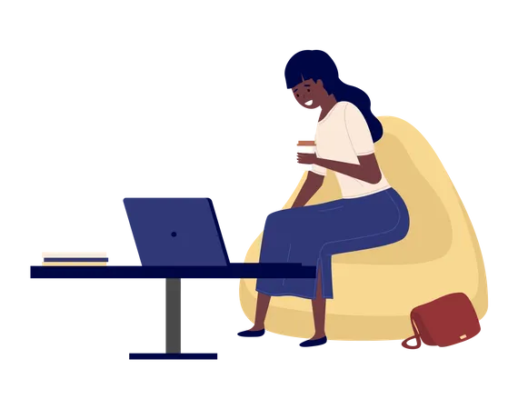 Mulher De Negocios Linda Trabalhando Na Ilustracao Vetorial De Laptop A Garota Esta Sentada Em Uma Cadeira E Tomando Cafe Personagem Feminina Isolada Em Fundo Branco Freelancer Trabalha Em Casa Ilustração