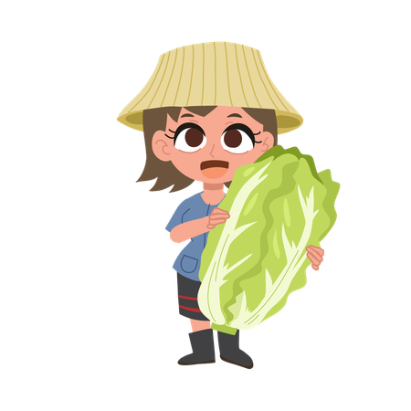 Linda mulher tailandesa fazendo fazenda segurando um grande repolho chinês  Ilustração