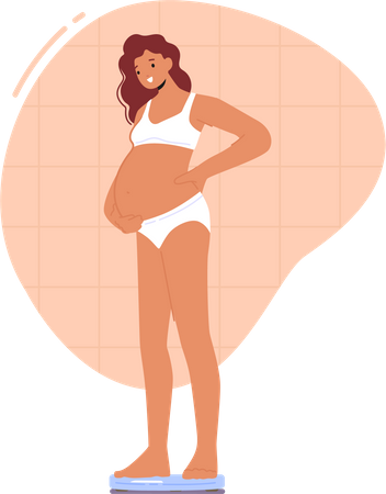 Linda mulher grávida em pé na balança  Ilustração