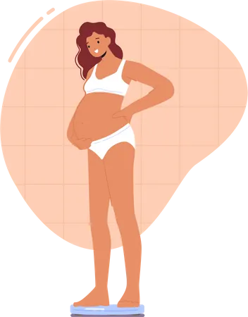 Linda mulher grávida em pé na balança  Ilustração