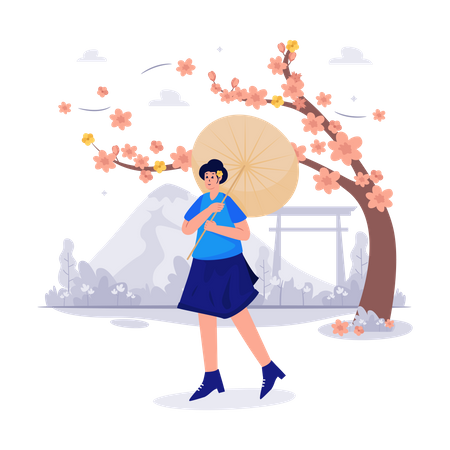 Linda mulher segurando guarda-chuva na temporada de flores de cerejeira  Ilustração
