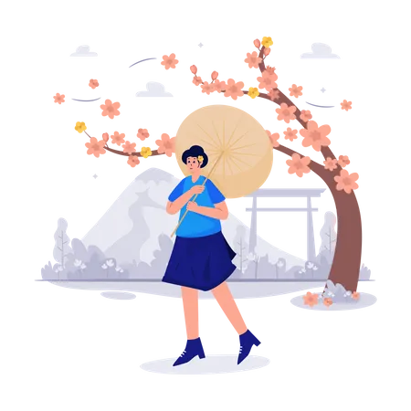 Linda mulher segurando guarda-chuva na temporada de flores de cerejeira  Ilustração