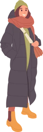 Linda mulher vestindo jaqueta longa e quente e chapéu de malha com cachecol  Ilustração