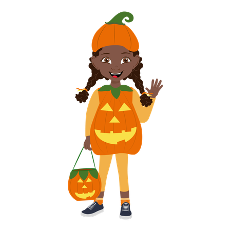 Linda niña afroamericana con disfraz de calabaza para Halloween  Ilustración