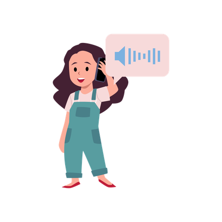 Linda niña escuchando mensajes de voz con el teléfono móvil  Ilustración
