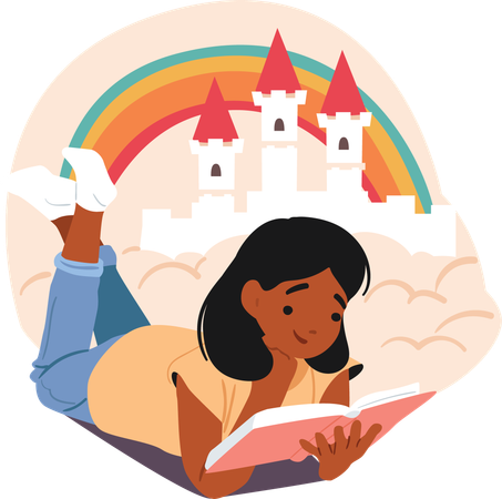 Una linda niña de ensueño leyendo un libro de cuentos de hadas sobre una princesa en un castillo  Ilustración