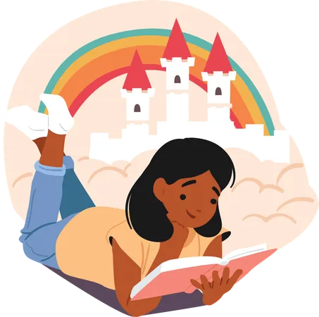 Una linda niña de ensueño leyendo un libro de cuentos de hadas sobre una princesa en un castillo  Ilustración