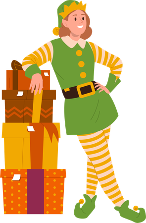 Linda chica elfa con traje tradicional parada cerca de una pila de cajas de regalo envueltas  Ilustración