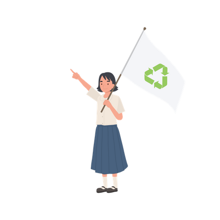 Linda chica estudiante tailandesa sonriente sosteniendo bandera con símbolo de reciclaje  Ilustración