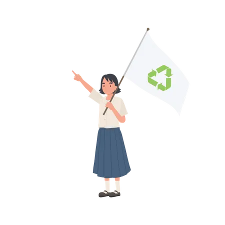 Linda chica estudiante tailandesa sonriente sosteniendo bandera con símbolo de reciclaje  Ilustración