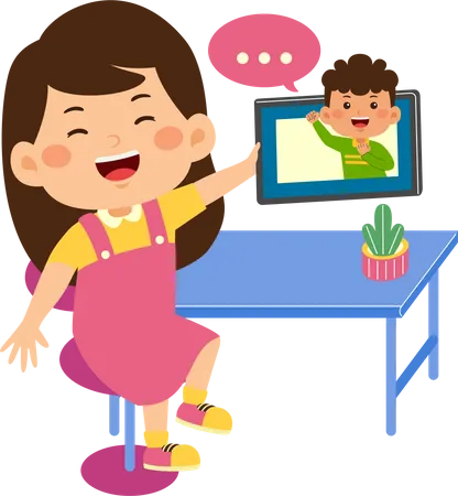 Una niña linda usa una tableta gráfica haciendo una videollamada  Ilustración