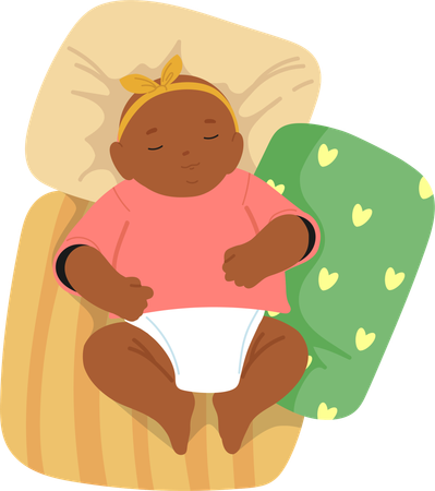 Hermosa niña recién nacida durmiendo en la cama con almohadas disfrutando de una siesta nocturna  Ilustración