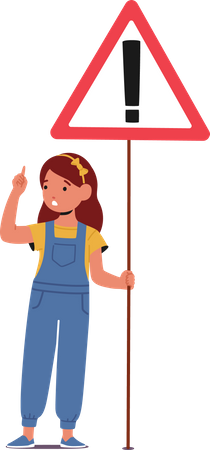 Linda niña pequeña sosteniendo una señal de tráfico con un símbolo de exclamación  Ilustración