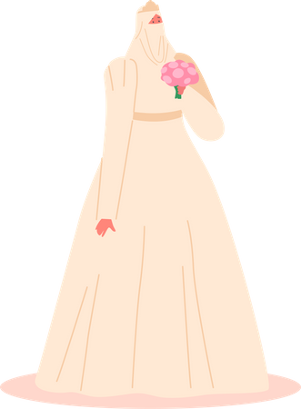 Linda noiva muçulmana em vestido tradicional e segurando buquê  Ilustração