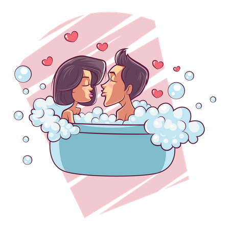 Linda pareja bañándose en la bañera  Ilustración