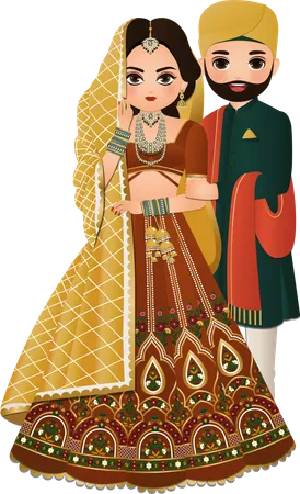 Tarjeta De Invitacion De Boda La Linda Pareja De Novios Con Un Personaje De Dibujos Animados De Vestimenta Tradicional India Ilustración