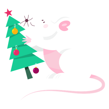 Linda rata navideña sosteniendo el árbol de Navidad  Ilustración