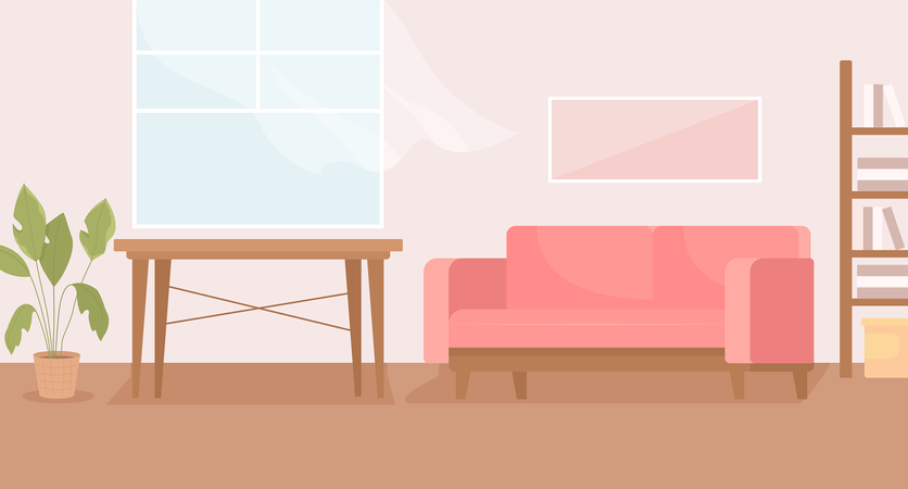 Linda sala de estar com sofá e mesa de madeira  Ilustração