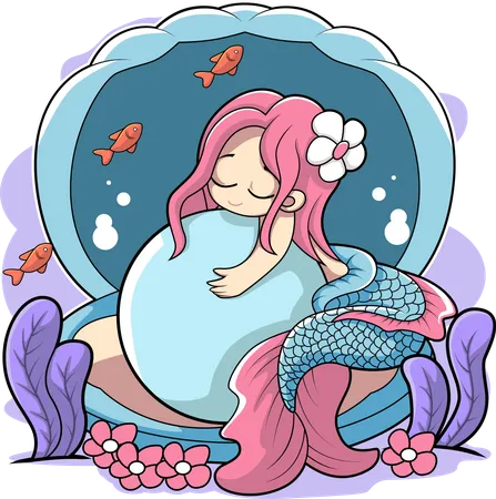 Linda sirena durmiendo en perla  Ilustración