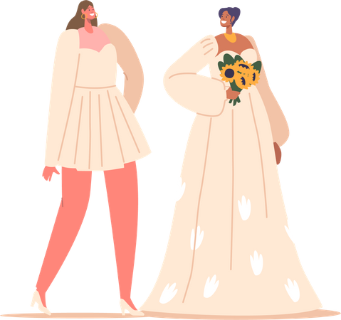 Lindas noivas em elegantes vestidos curtos e longos  Ilustração