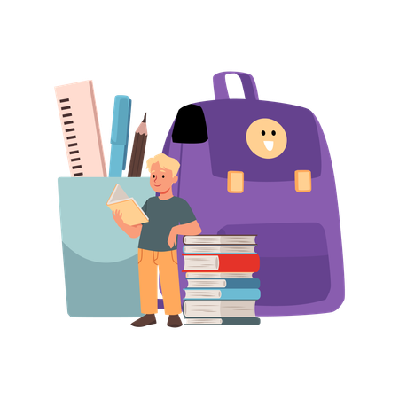 Lindo niño alumno disfruta leyendo un libro con una enorme pila de libros, útiles escolares y mochila.  Ilustración