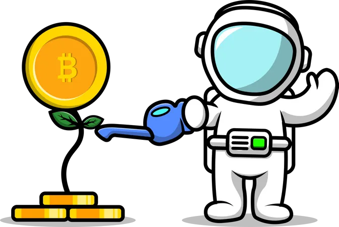 Lindo astronauta regando planta Bitcoin  Ilustración