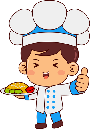 Lindo Chef Boy sosteniendo un plato de comida mientras muestra los pulgares hacia arriba  Ilustración