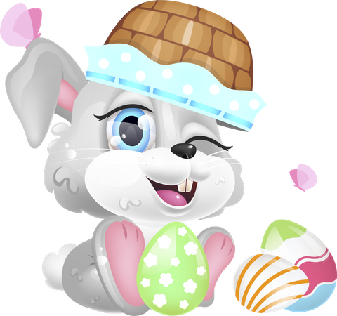 Lindo conejo de Pascua con canasta en la cabeza  Ilustración