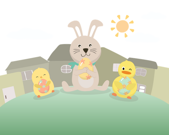 Lindo conejo y pollito sosteniendo huevos de Pascua  Ilustración