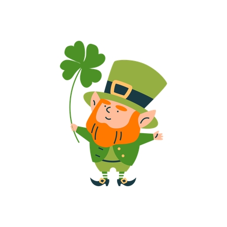 Lindo duende sosteniendo una hoja de trébol  Ilustración