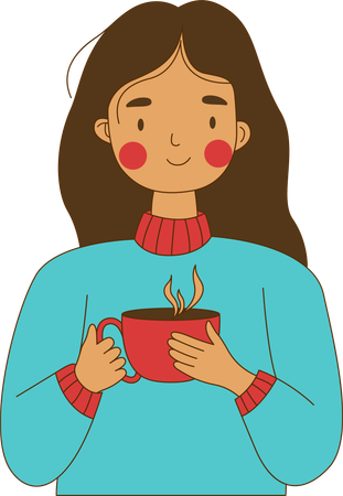 Lindo personaje de chica nerd inocente sosteniendo una taza de café  Ilustración