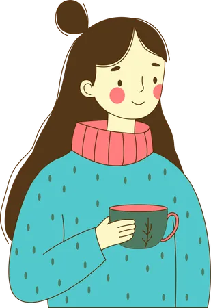 Lindo personaje de chica nerd inocente sosteniendo una taza de café  Ilustración