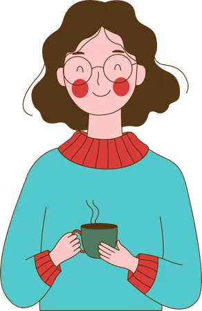 Lindo personaje de chica nerd inocente sosteniendo una taza de café  Ilustración