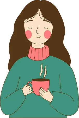 Lindo personaje de chica nerd inocente sosteniendo una taza de café  Ilustración