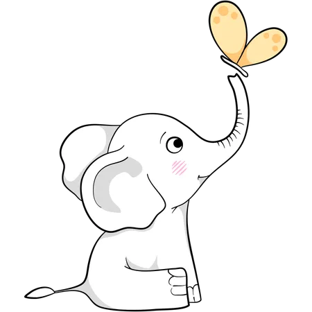 Lindo elefante jugando con mariposa  Ilustración