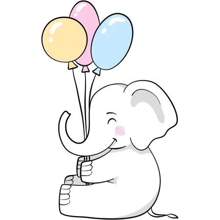 Lindo elefante sosteniendo globos  Ilustración