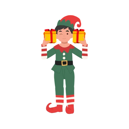 Lindo menino duende de natal com caixa de presente  Ilustração