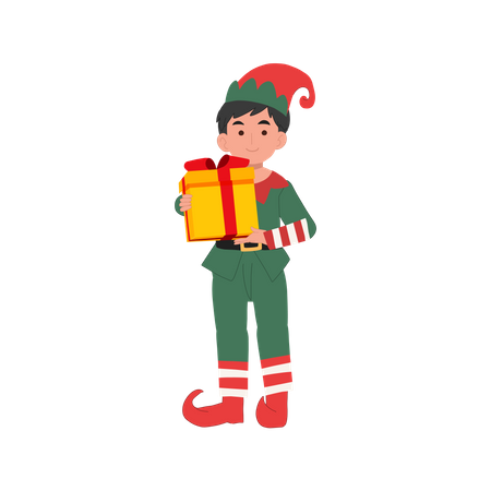 Lindo menino duende de natal com caixa de presente  Ilustração