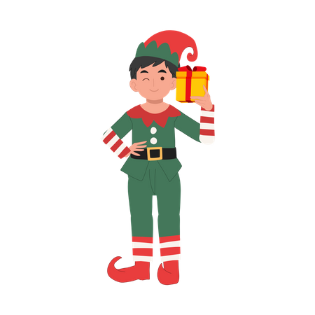 Lindo menino duende de natal com caixa de presente  Ilustração