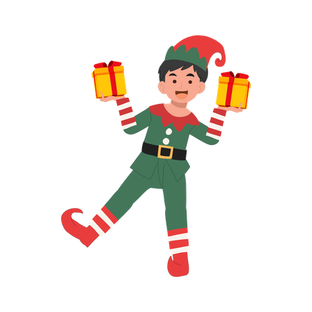 Lindo menino duende de natal com caixa de presente  Ilustração