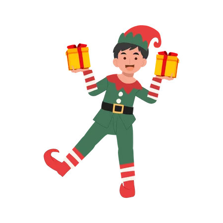 Lindo menino duende de natal com caixa de presente  Ilustração