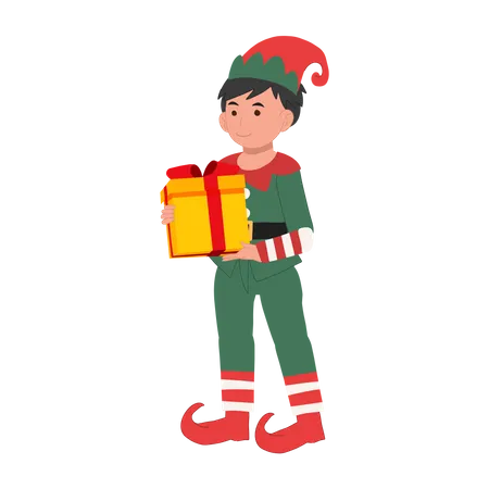 Lindo menino duende de natal com caixa de presente  Ilustração