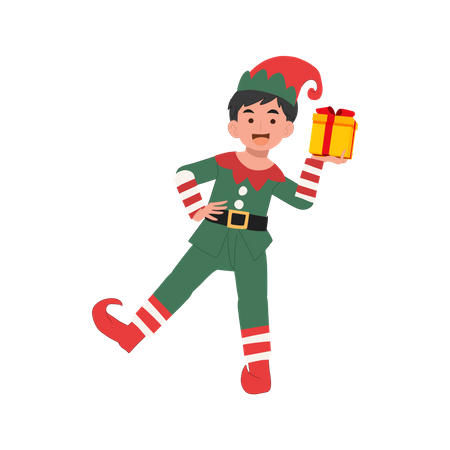 Lindo menino duende de natal com caixa de presente  Ilustração