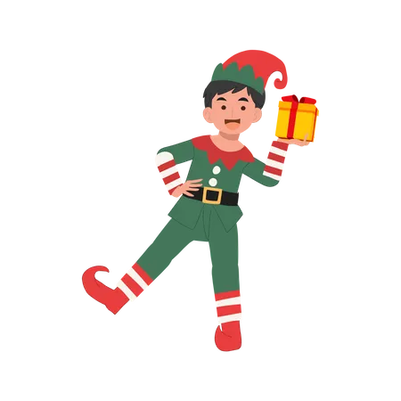 Lindo menino duende de natal com caixa de presente  Ilustração