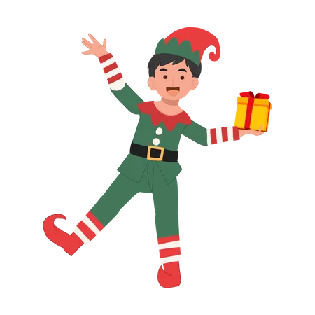 Lindo menino duende de natal com caixa de presente  Ilustração